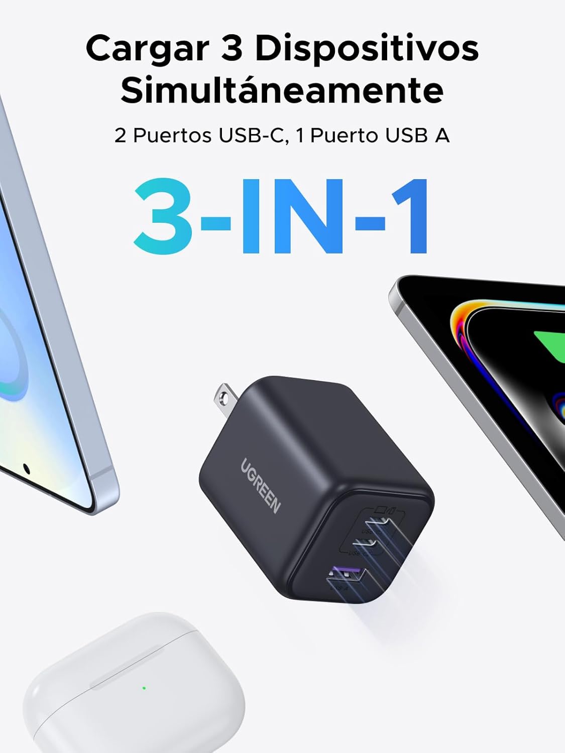 UGREEN 45W Cargador USB-C PD — 3 Puertos | Carga Súper Rápida