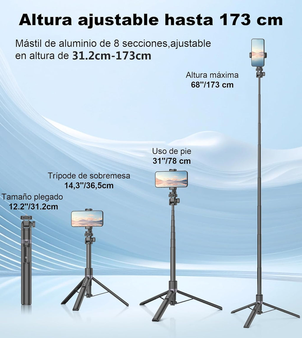 Tripié 173 cm para Celular + Selfie Stick + Control Remoto