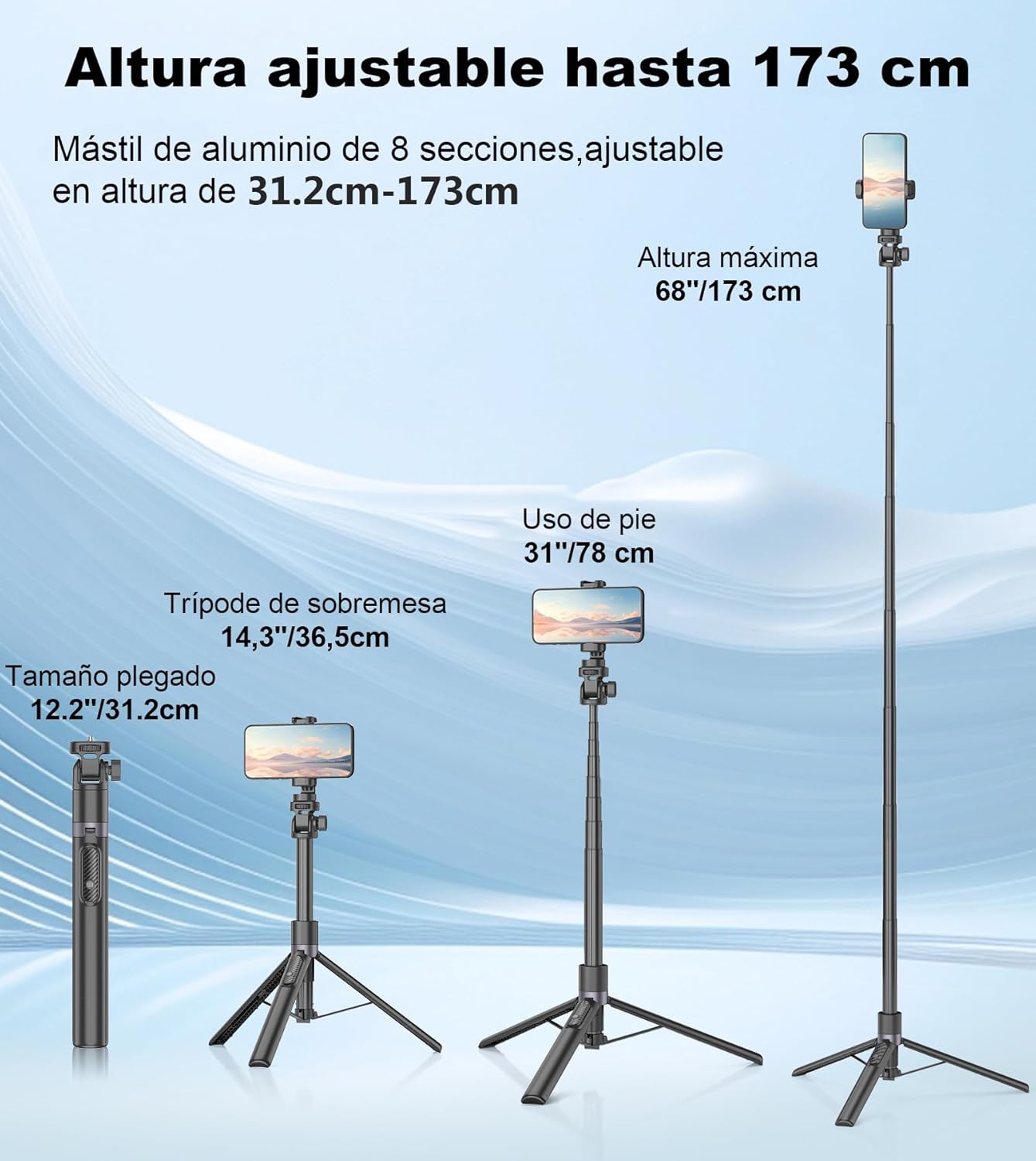 Tripié 173 cm para Celular + Selfie Stick + Control Remoto