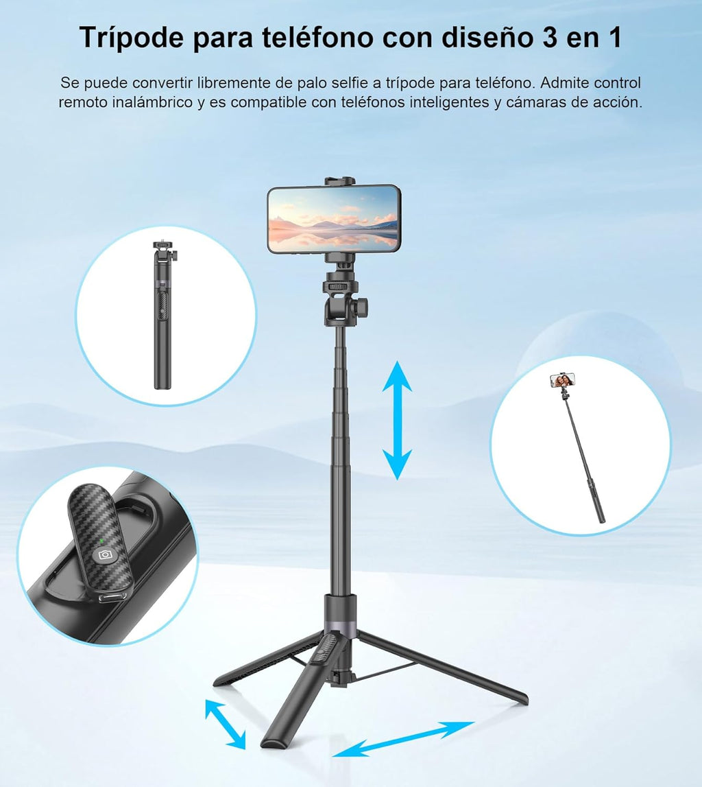 Tripié 173 cm para Celular + Selfie Stick + Control Remoto